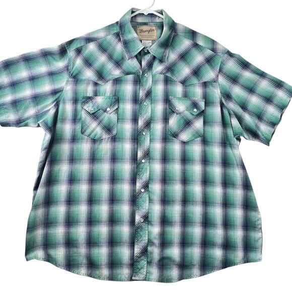 Wrangler Western Plaid Pearl Snap Shirt XXL Short Sleeve Collared Rodeo Cowboy - Picture 1 of 8